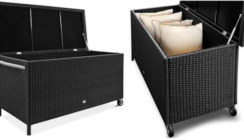 Kissenbox Kunststoff Polyrattan schwarz mit Rollen